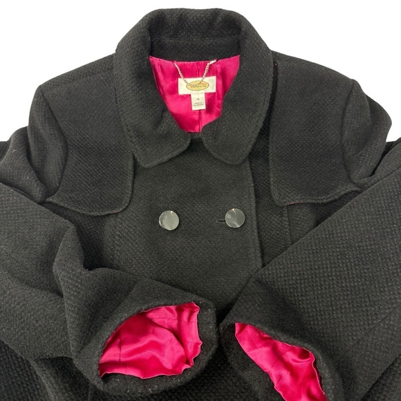 Talbots Black Wool Coat Size 14 Textured Double Breasted Long Pink Satin Lining - Picture 15 of 16